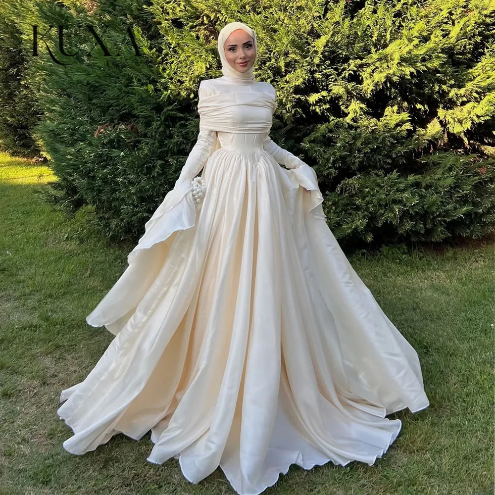 KUXA Muslimische elegante Brautkleider, blassgelbes A-Linie, hoher Kragen, langes Chiffon-Satin, Flügelärmel, individuelles Abendkleid