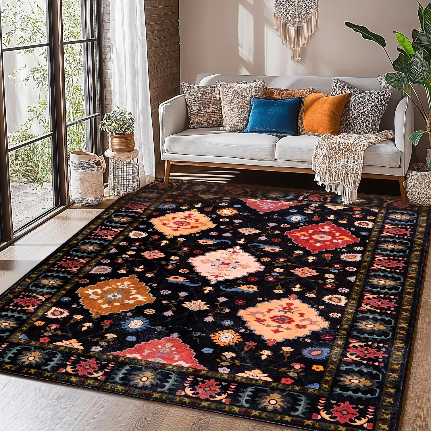 

Gnizama Black Floral Living Room Area Rug, Washable Vintage Floral Living Room Rug, Bedroom Area Rug