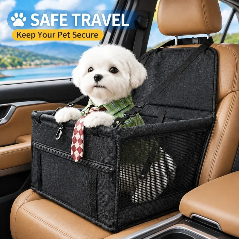 Seggiolino rialzato per auto, ideale per cani di piccola taglia e gatti, realizzato in tessuto Oxford traspirante e rete, con cinghie di sicurezza regolabili, pratico e portatile.