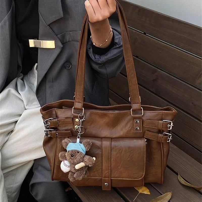 

Fashion Tote Bag Retro Motorbike Style Shoulder Bag With Pendant Side Belt Buckle Zipper Handbag Versatile Commuter Shoulder Bag
