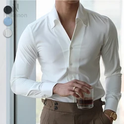 Camisa con cuello italiano para hombre, sin arrugas, informal, A la moda, ajustada con solapa, ropa de marca, juvenil, nuevo