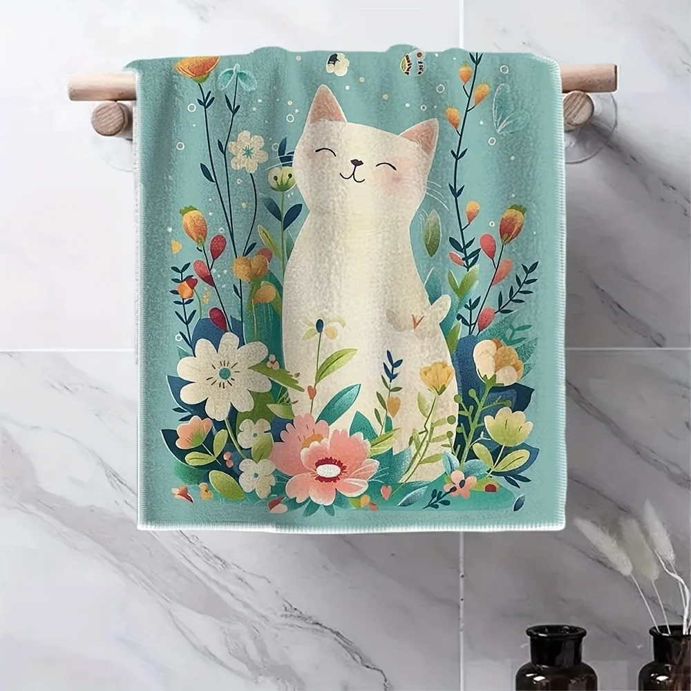 1pc Cute White Cat Floral Printed Kitchen Towel, Soft Absorb