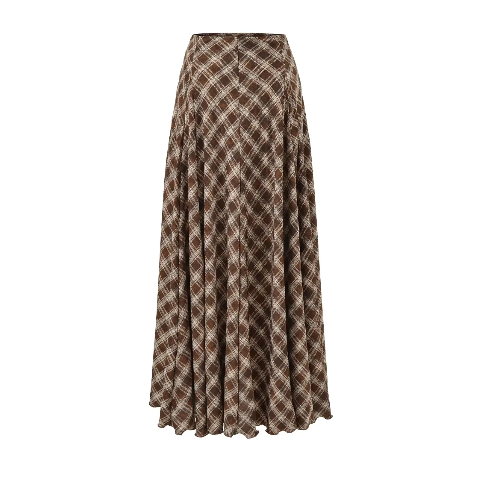 Hohe Taille, A-Linie, karierter Rock für Damen, Herbst und Winter, lässig, mit Verkleidung, schlankmachender langer Rock, drapiert, braun