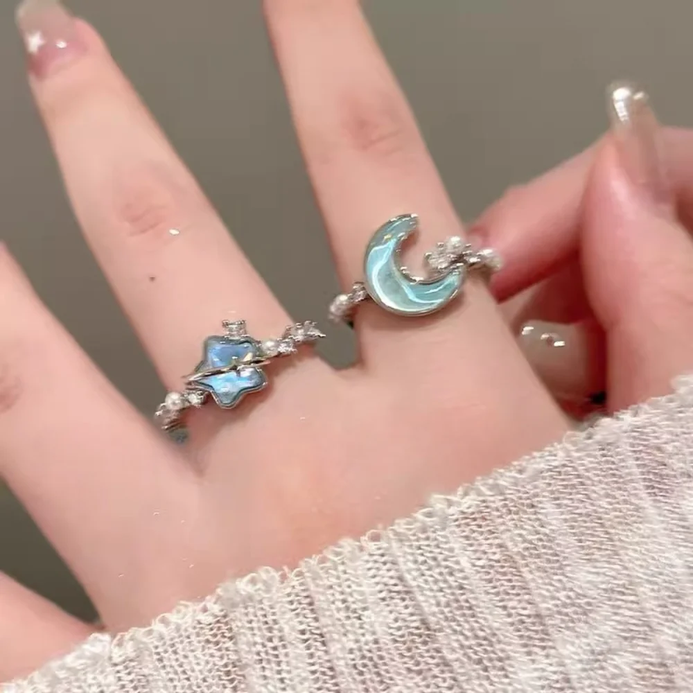 Blue Planet Star Moon Rings for Women Light Luxury Zircon Rhinestone Pearl Open Finger Rings Sweet Party Y2K Jewelry Girls Gift