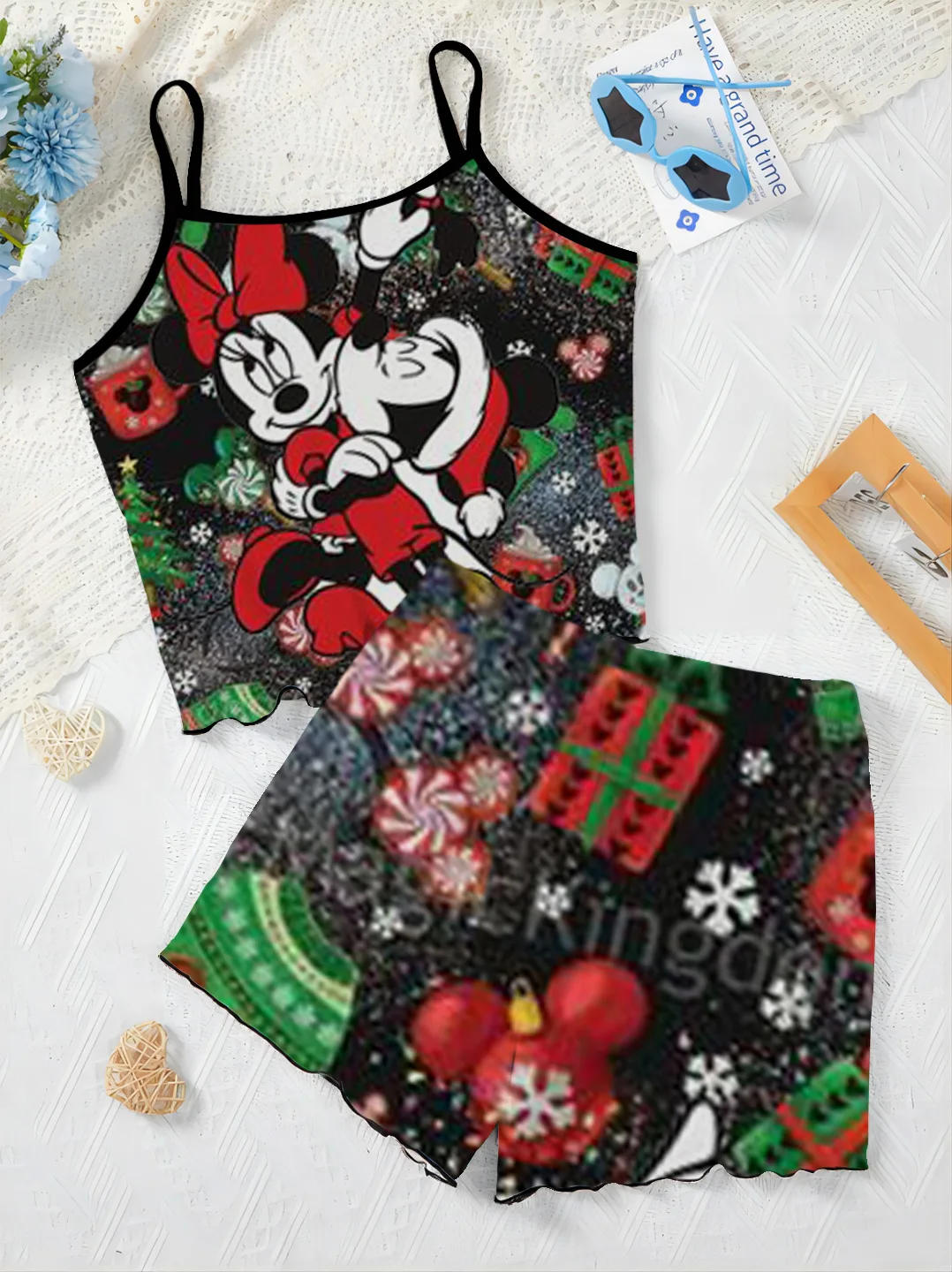 Elegant Women's Sets Home Dress Pajama Skirt Mickey Christmas Top Disney Lettuce Trim T-shirt Minnie Mouse Pieces Short Suit Top