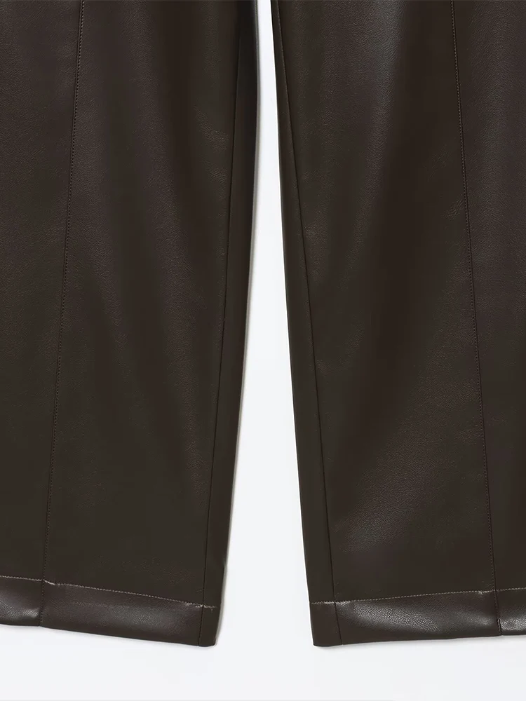 سراويل نسائية جديدة على الطراز الأوروبي عصرية ومتعددة الاستخدامات وبسيطة بلون سادة من الجلد الصناعي بأرجل مستقيمة