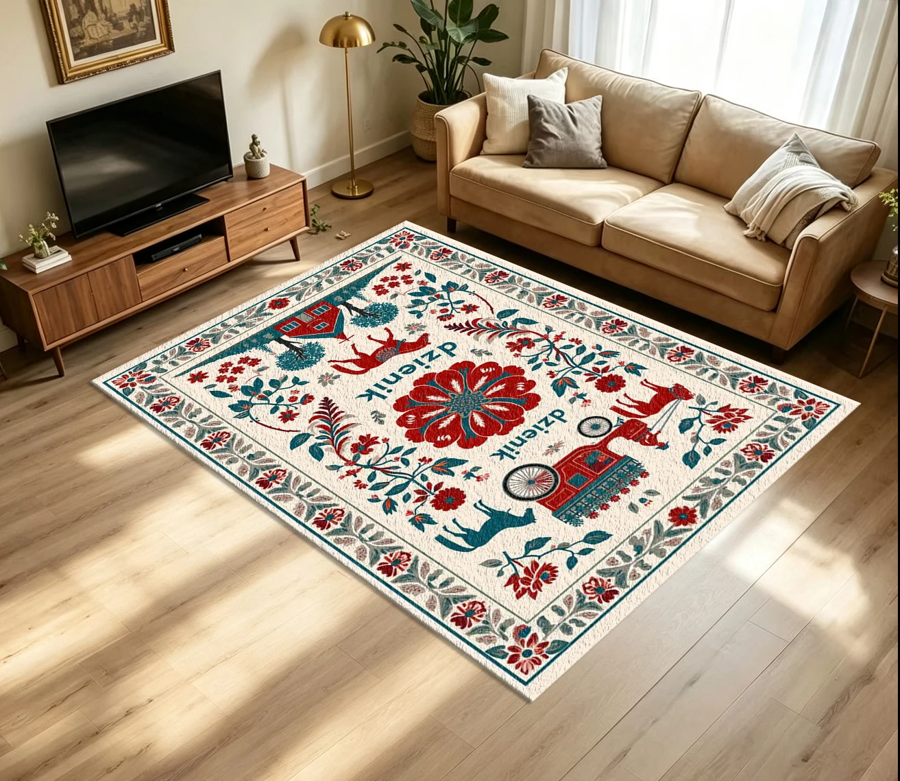 Folk Art Farm Horse Carriage Carpet Flooring Retro Ethnic Floral Printed Floor Rug for Household Living Area Decoration