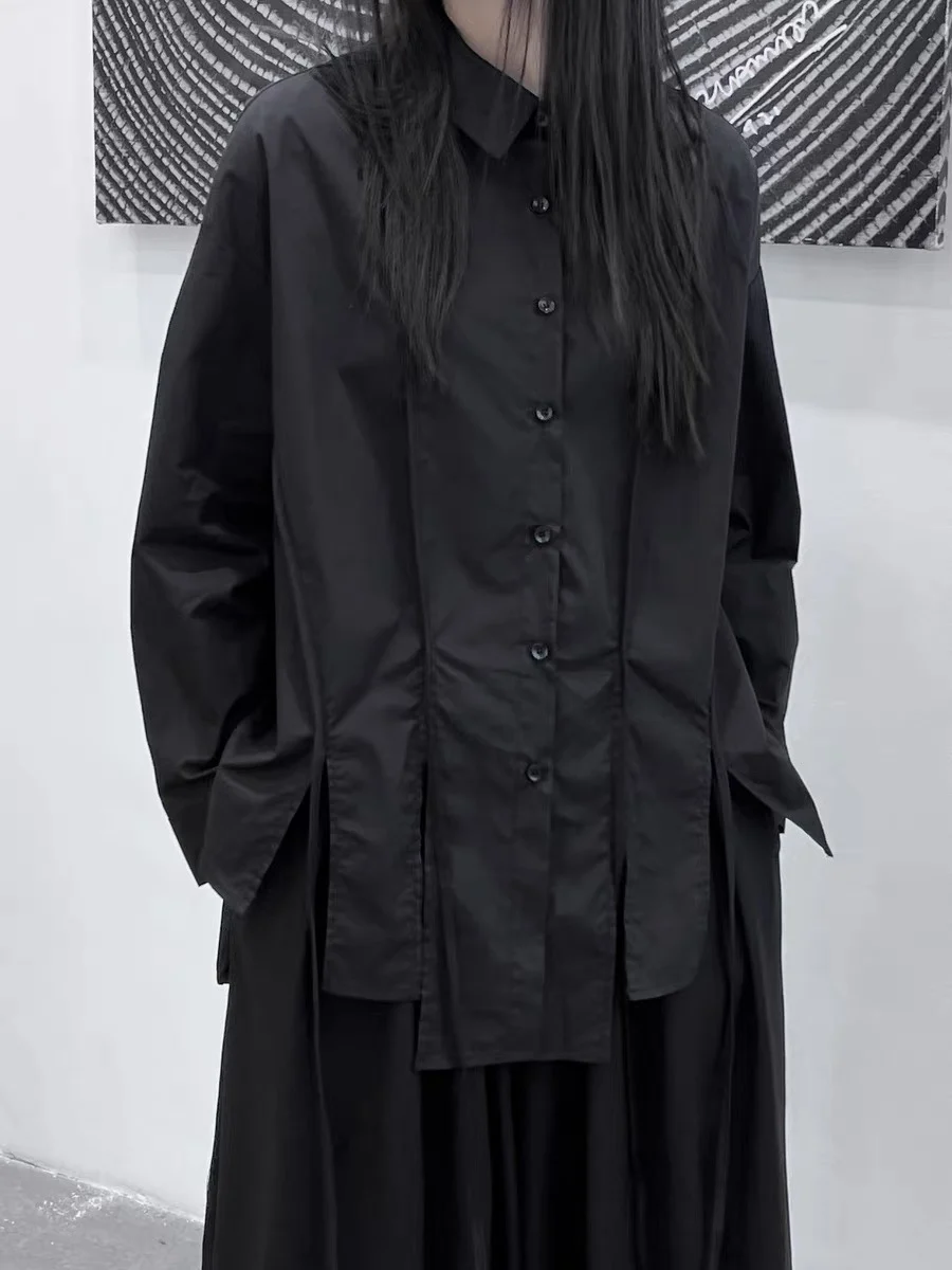 

Loose Fit Long Sleeve Pure Color Shirt Asymmetrical Design Slimming Dark Style Spring New Arrival Women's Business Casual Shirt