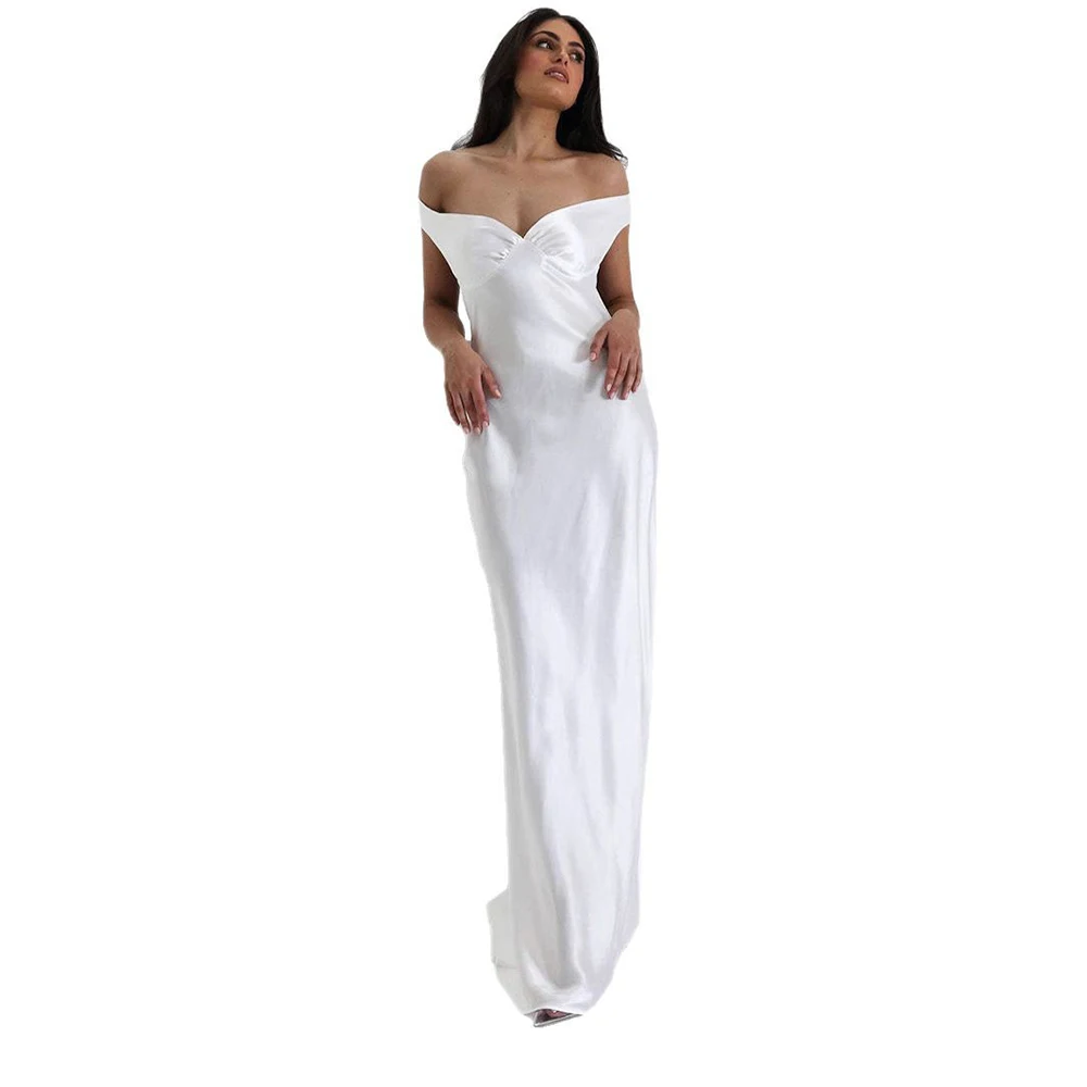 Vestido largo sexy de satén con hombros descubiertos para mujer, vestido liso sin mangas para fiesta de graduación, traje formal delgado, vestidos de novia de noche lujosos