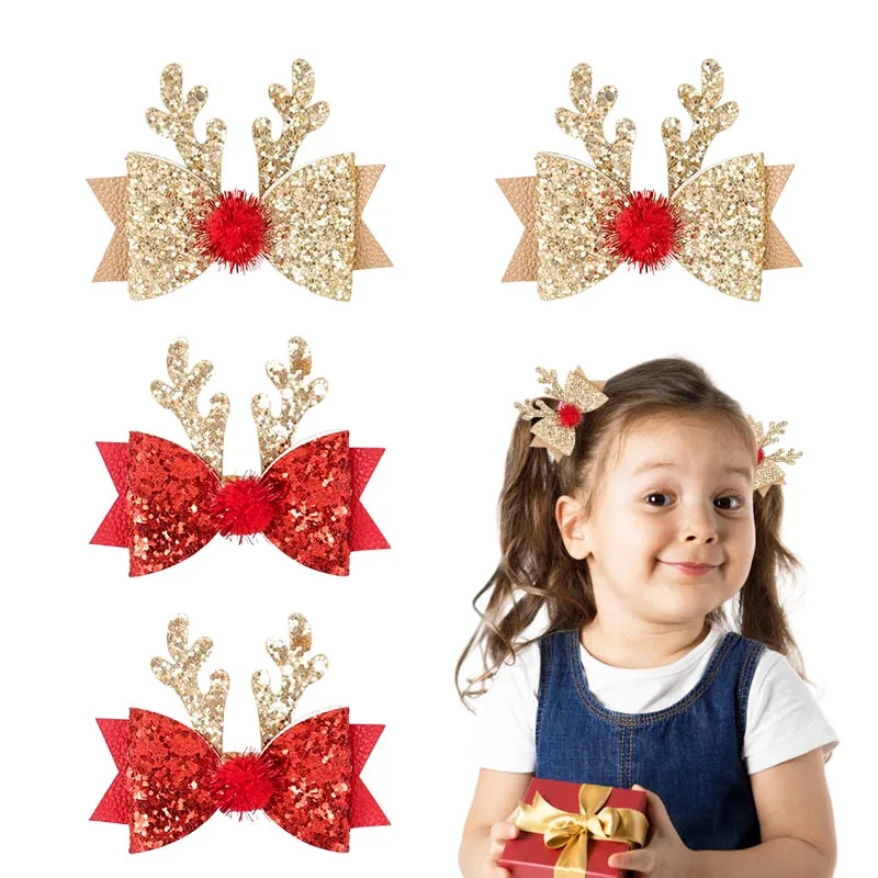 2/4pcs Christmas Antler Hairpin Girl Christmas Glitter Hairpin Accessories 2024 Navidad Christmas New Year Party Decoration Gift