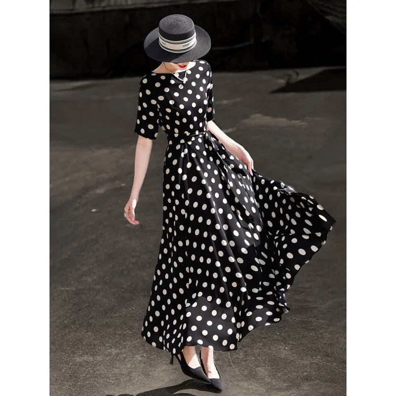 

MEXCOCO 2026 Summer New Arrival French Retro Polka Dot Short Sleeve Dress Women Elegant Tie Waist Big Swing Midi Dress