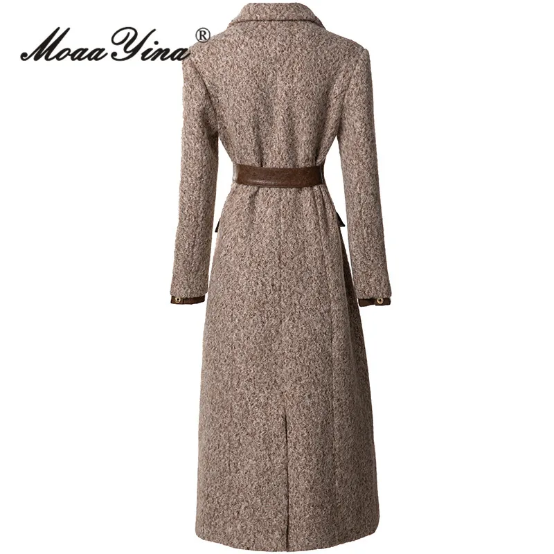 MoaaYina Autumn/winter New Style Vintage Designer Coat Women Brown Notched Single-breasted Slim Fit S-3XL Long Overcoat