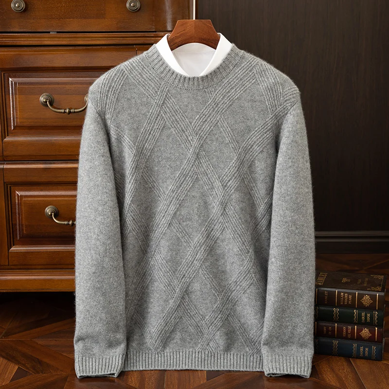 2024 Autumn/Winter New Collection (100% Cashmere) Men's Seven Needle Thickened Diamond Round Neck Casual Sweater for Men