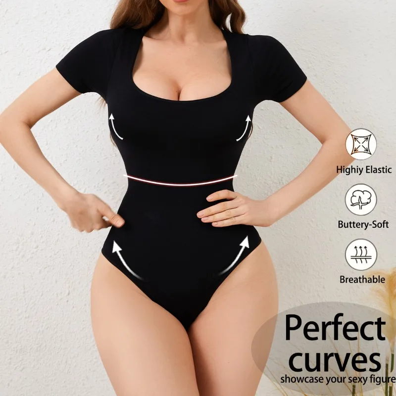 

Women's Big Size Seamless Bodysuit Slim Square Neck T-shirts Workout Running Sexy Jumpsuits Stretchy T-back Shapewear Jumpsuit