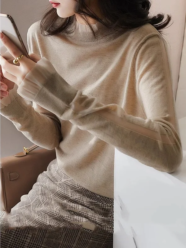 

Lace Splice Wood ain Ruffle Collar Women's Knitted Wool Sweater Versatile Top Commute Sle Soft Fabric Long Sve