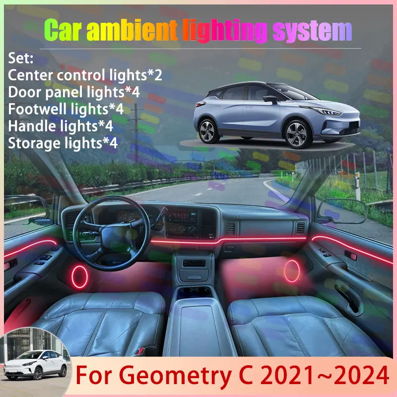 

Для Geometry C 2021 ~ 2024 M6 2022 2023 2/24 в 1 автомобильная атмосферная лампа RGB абажур ансамбль стример атмосферный набор автозапчастей