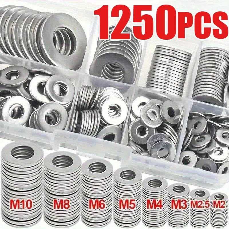 Flat Washer Kit Stainless Steel 1250 pcs Including for All Common Metric Sizes M2 through for Workshop and Field Repair Tasks