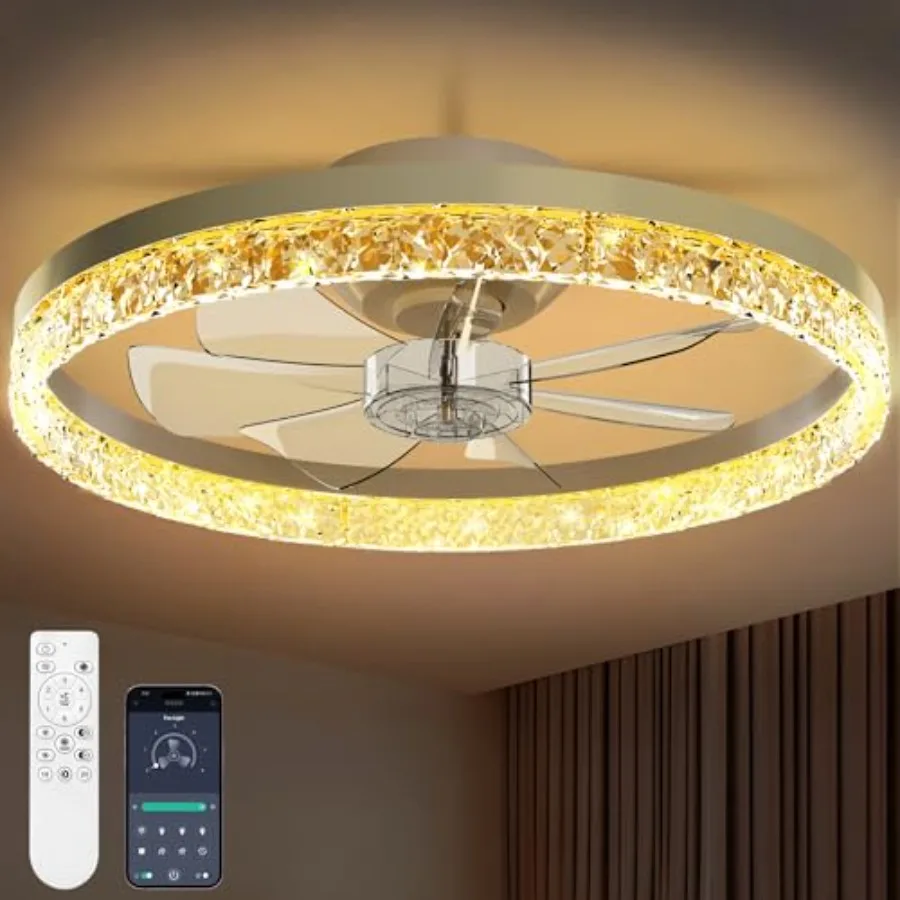 Bedroom ceiling fans with lights and remote, 20 low profile flush mount, aluminum white, dimmable 3000-6000K LED, 6 speeds, fol