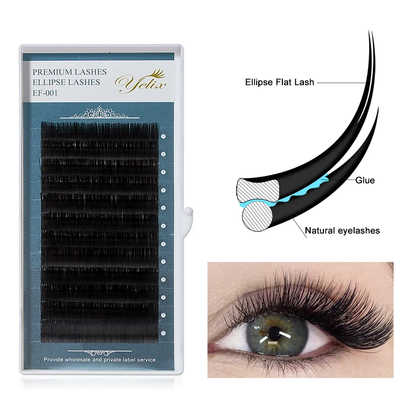 Yelix Ellipse Flat Eyelash Extension Split Tips Black False Lashes Super Soft Flat Shaped Individual Faux Mink Eyelashes