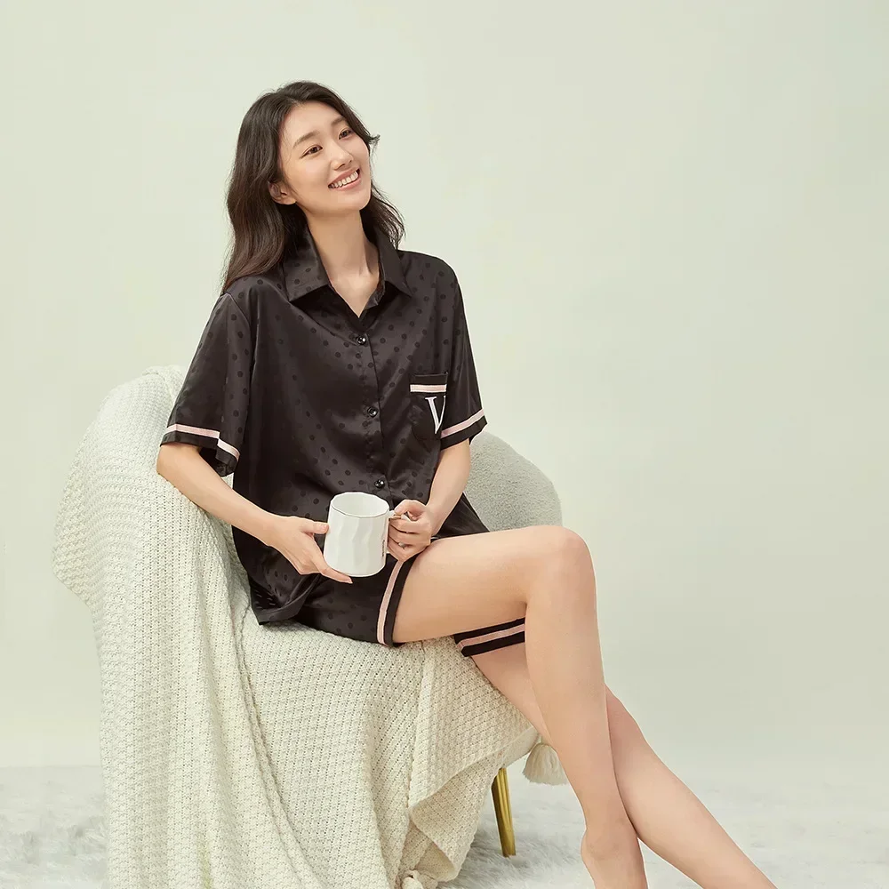 

Secret The same stretch satin jacquard embroidered pajamas for women's short-sleeved shorts loungewear set