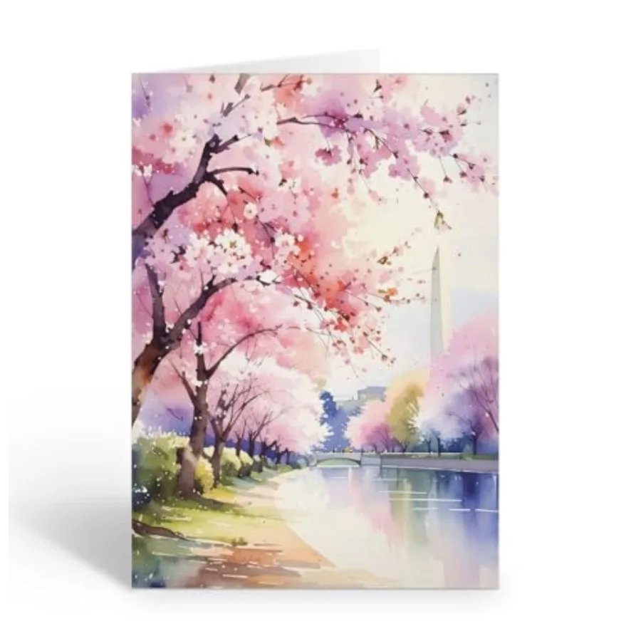 

Washington D.C. Cherry Blossom Watercolor Note Card Reflective Tidal Basin and Memorial in Bloom, Thank You Card Stationery 10