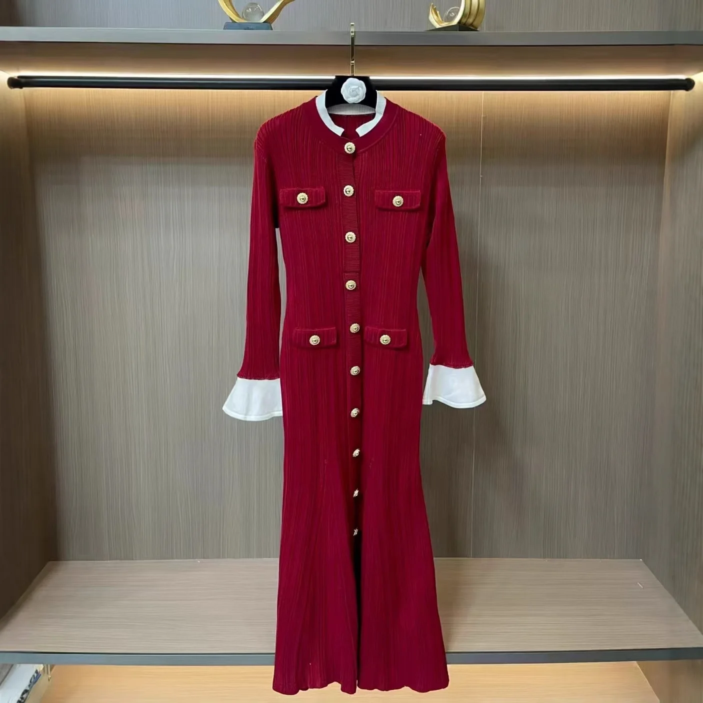 Charming French Slim Ruffle-Sleeved Daily Commute Elegant Single-Breasted Knit Women Dress for Winter Coat Layering with Belt