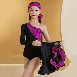 Children Performance Dancing Dresses Girls Rose Leopard Print Latin Dance Professional Costume Long Sleeve Bodysuit Skirts Suits