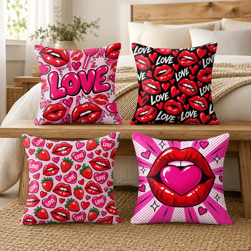 Pop Art Love Pink & Red Lips Cushion Cover Soft Short Plush Pillow Cases Hidden Zipper Cutecore Sofa Bedroom Home Decor Gift