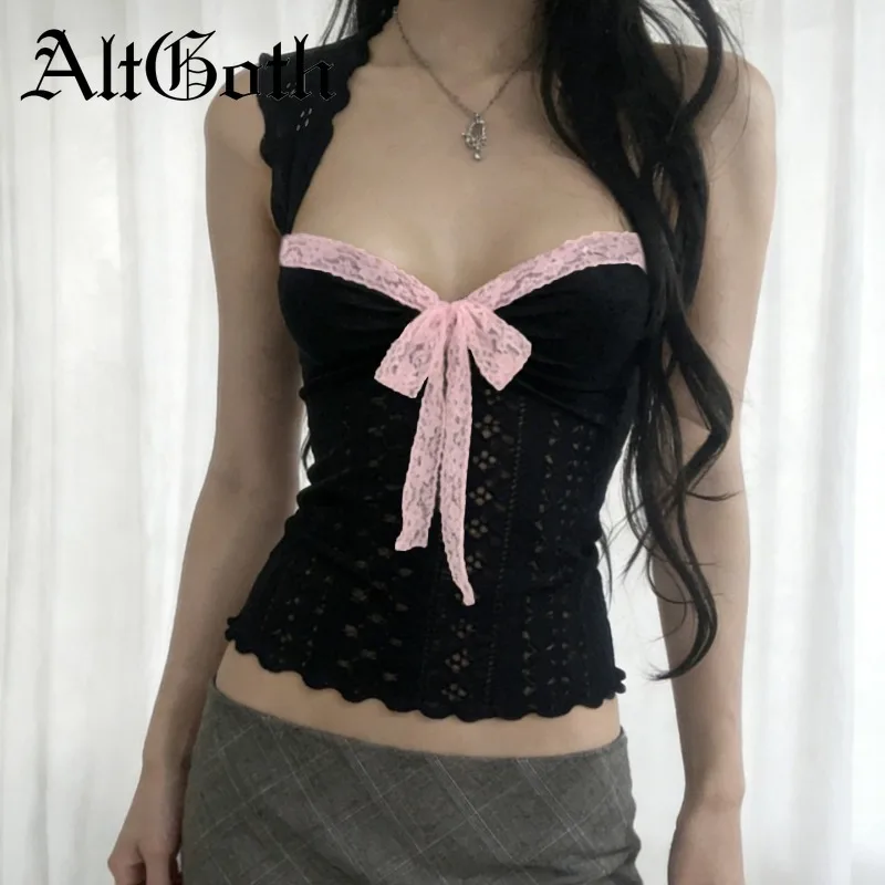 AltGoth Hotsweet Y2k Corset Vest Women Mall Gothic Aesthetic Cute Kawaii E-girl Pink Lace Bow Patchwork Crop Tank Tops Female