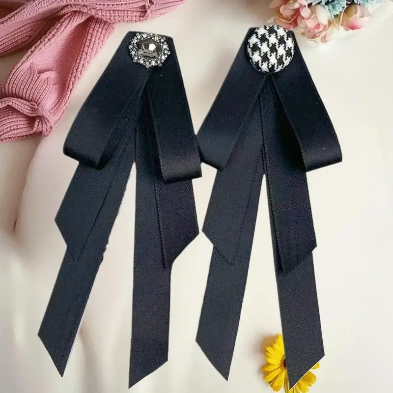 Chic Black Bow Brooches for Women: Crystal Embellished College Style Lapel Pins; Fashion Jewelry Gift Items