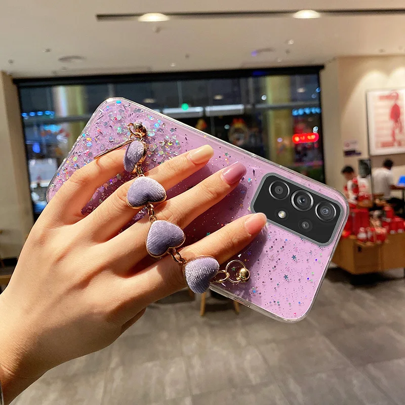 Bling Lấp Lánh Trái Tim Sang Trọng Dây Vòng Tay Ốp Lưng Điện Thoại Sansung Galaxy A52 A32 A72 A12 A13 A33 A51 A31 a21S Cổ Tay Da