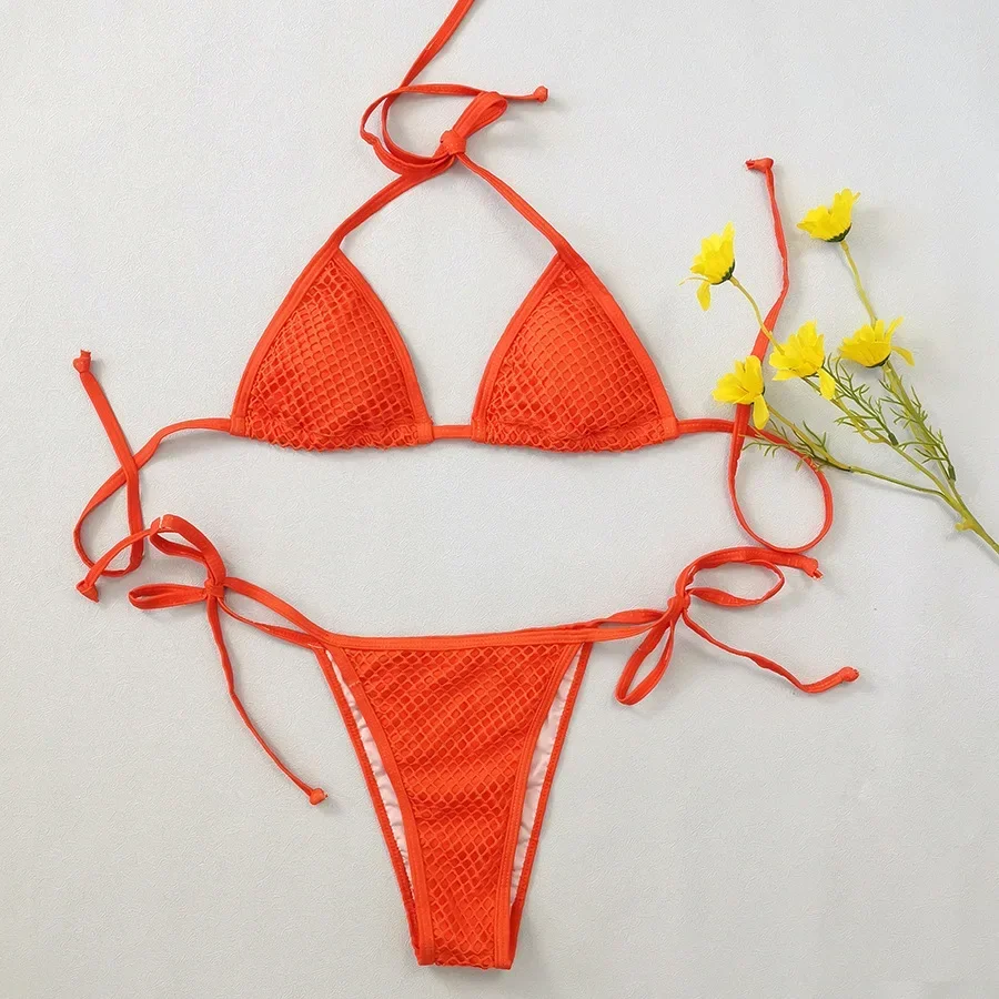 Orange roter 4-teiliger Badeanzug für Frauen, 2024 neuer Langarm-Mesh-Vertuschung bikini, sexy Schnür-Tanga-Badeanzug mit niedriger Taille y236