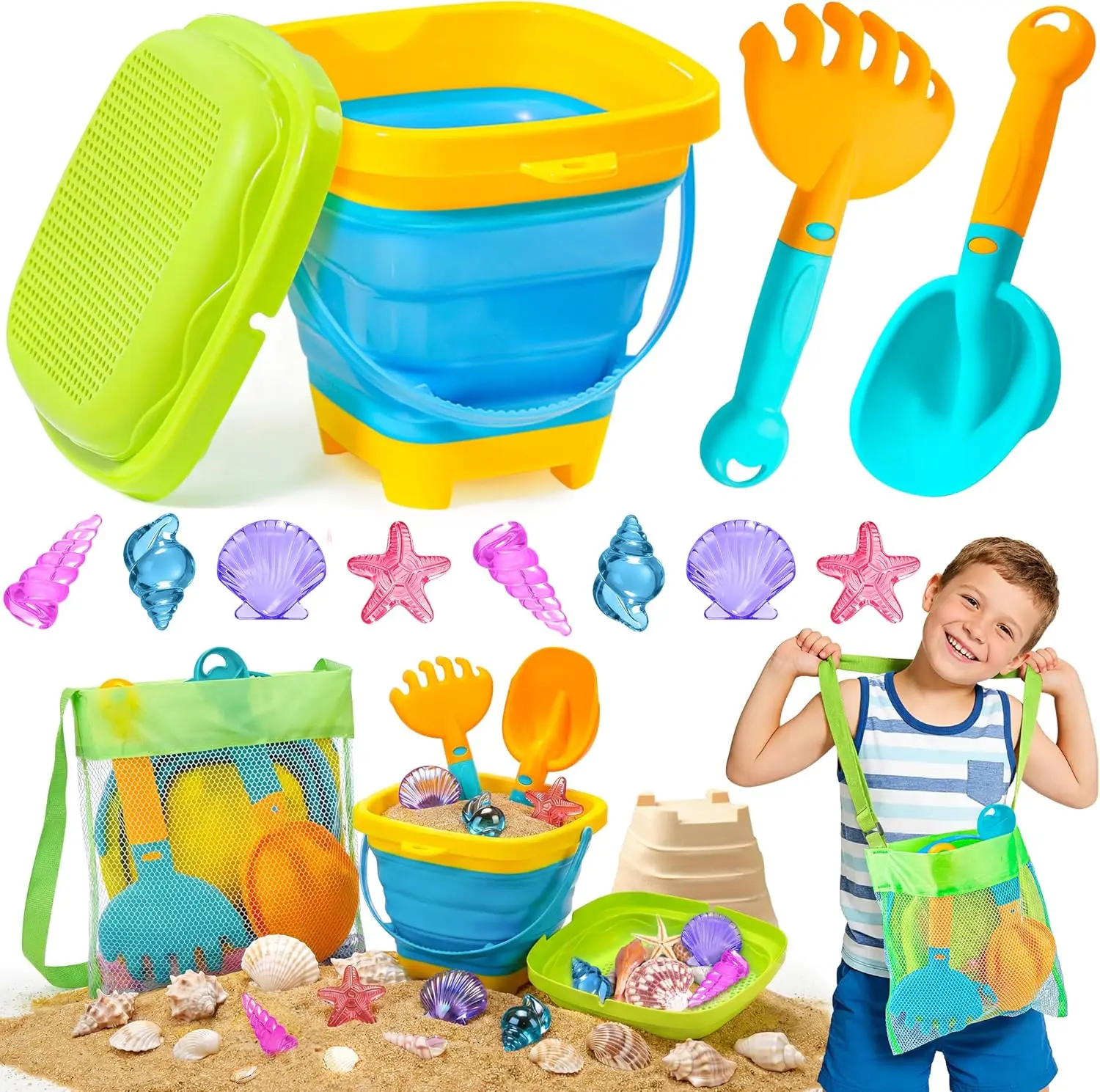

Collapsible Beach Sand Toys Set for Kids - Bucket, Shovel, Rake, Sifter & Mesh Bag - Travel Essentials for Boys & Girls