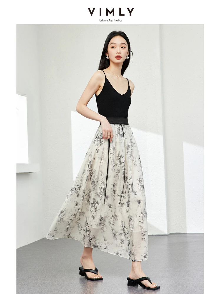 VIMLY Women\'s New Chinese Ink on Bamboo Printed Elegant Skirt Summer New Loose Umbrella A-Line Elastic Waist Skirt With Lining