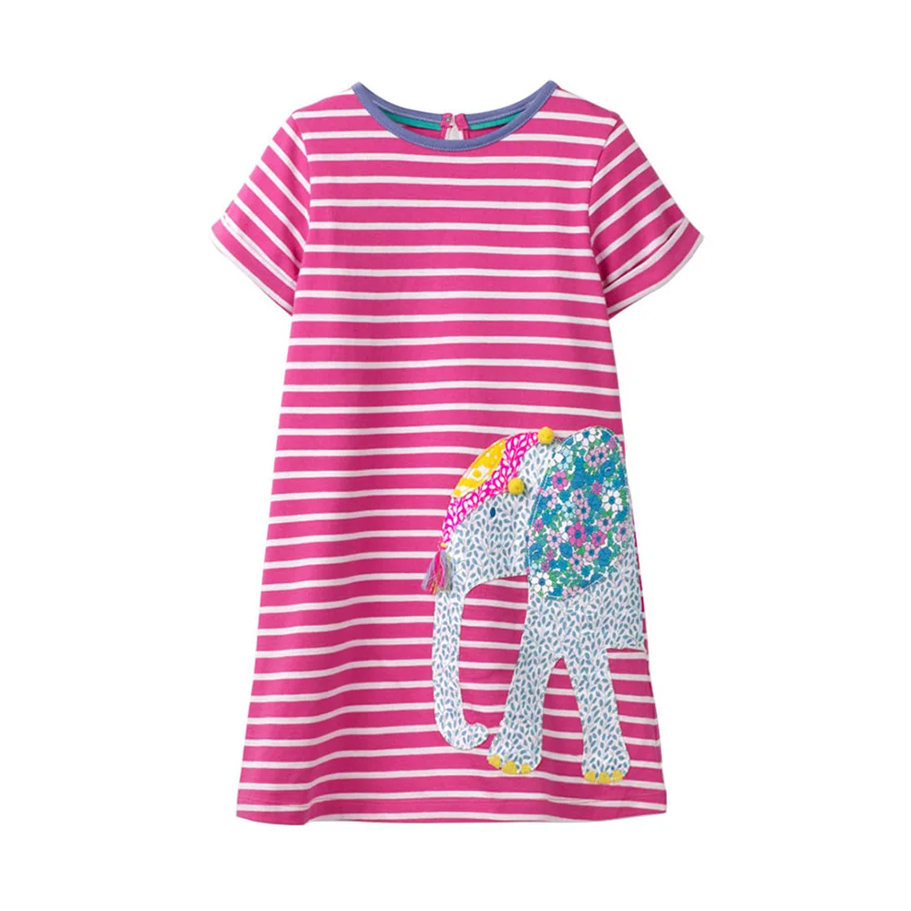 DXTON Girls Elephant Appliqued Dress Kids Summer Cotton Short Sleeve Striped Vestidos Kids Casual Cartoon Costumes Kids Clothing