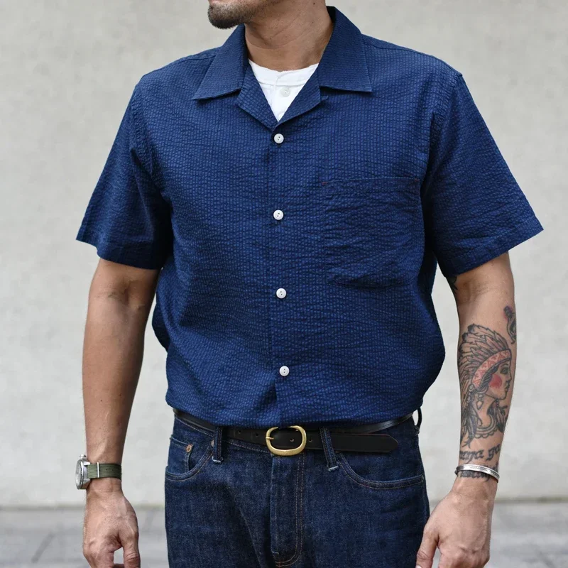 Sauce Zhan Mans Shirts Indigo Seersucker Short Sleeve Shirt for Men Vintage Regular Fit