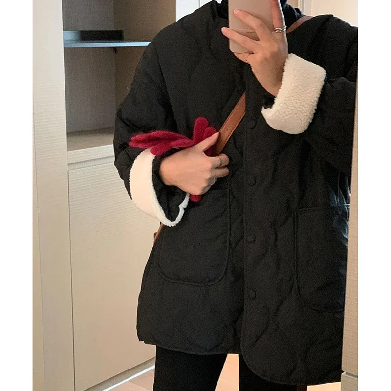 HELIAR Women Thickened Warm Lambswool Parkas Long Sleeve Office Cotton-padded Jacket Zipper Solid Casual Jacket Autumn Winter