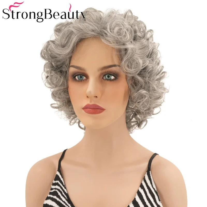 

StrongBeauty Short Curly Grey Wig Synthetic Women Wigs Heat Resistant Natural Capless Hair