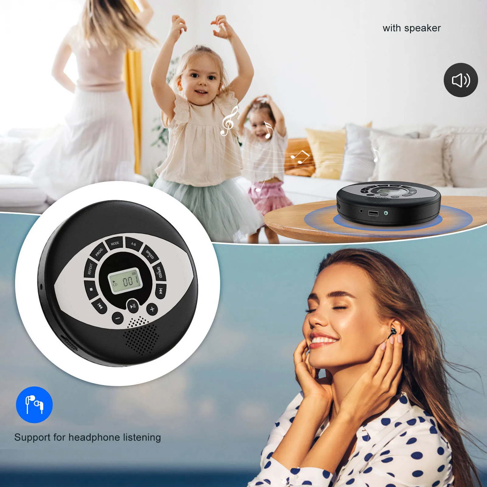 Portable CD Player USB Rechargeable Memory Playing Support Headphone Insertion 3.5mm AUX Jack CD Player Multifunction for Home