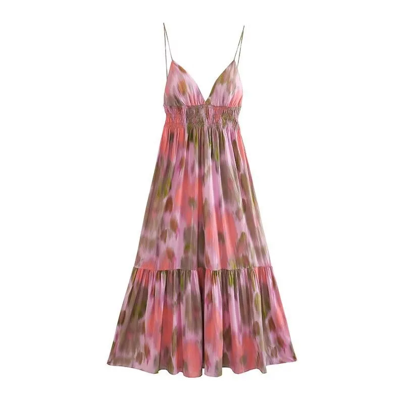 

Fashion Printed Elastic Waist Backless Dress Women Elegant Holiday Style Lace Up V-Neck Female Vacation Chic Beach Midi Dresses