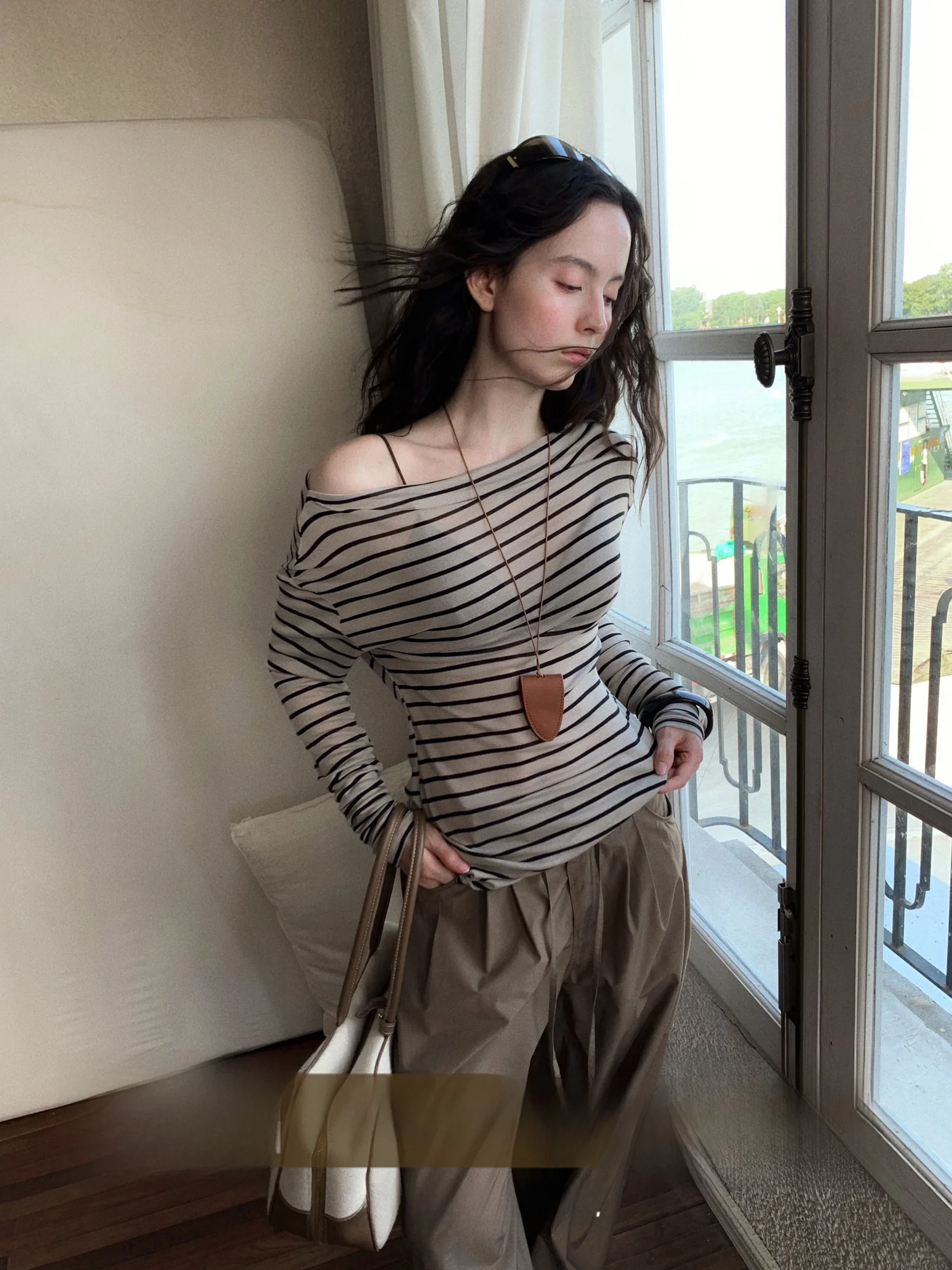 

Sun Protection Lace-Up oulder Hollow out Striped T-irt Women's Loose Fit Casual Korean Sle Summer Top by eater Poem C...