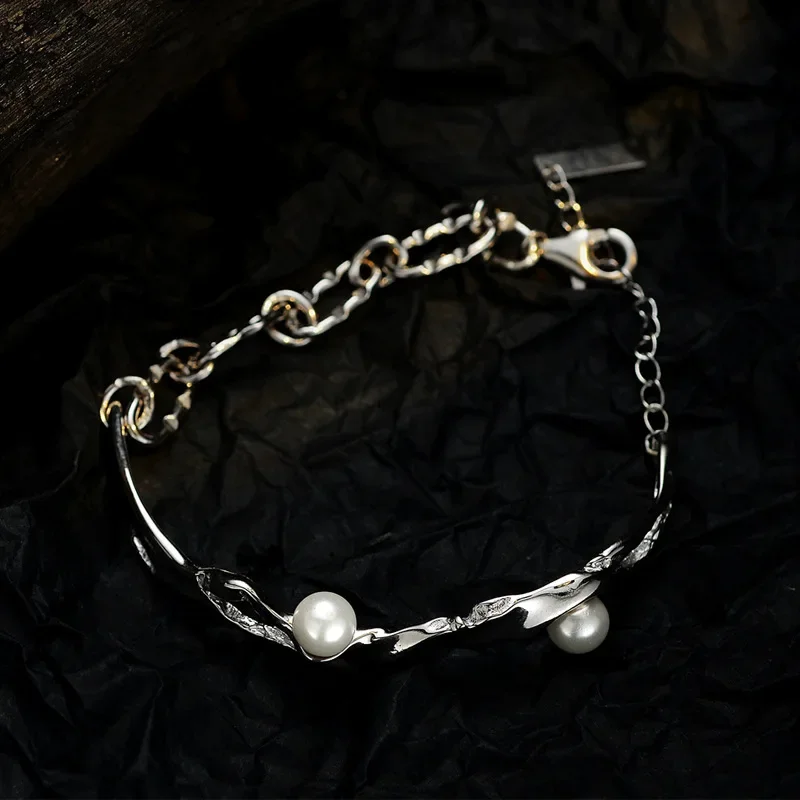 Ables Chic Solid 925 Silver Shell Pearls Handmade Irregular Links Multi Chains Statement Bracelet Y1S2B21022