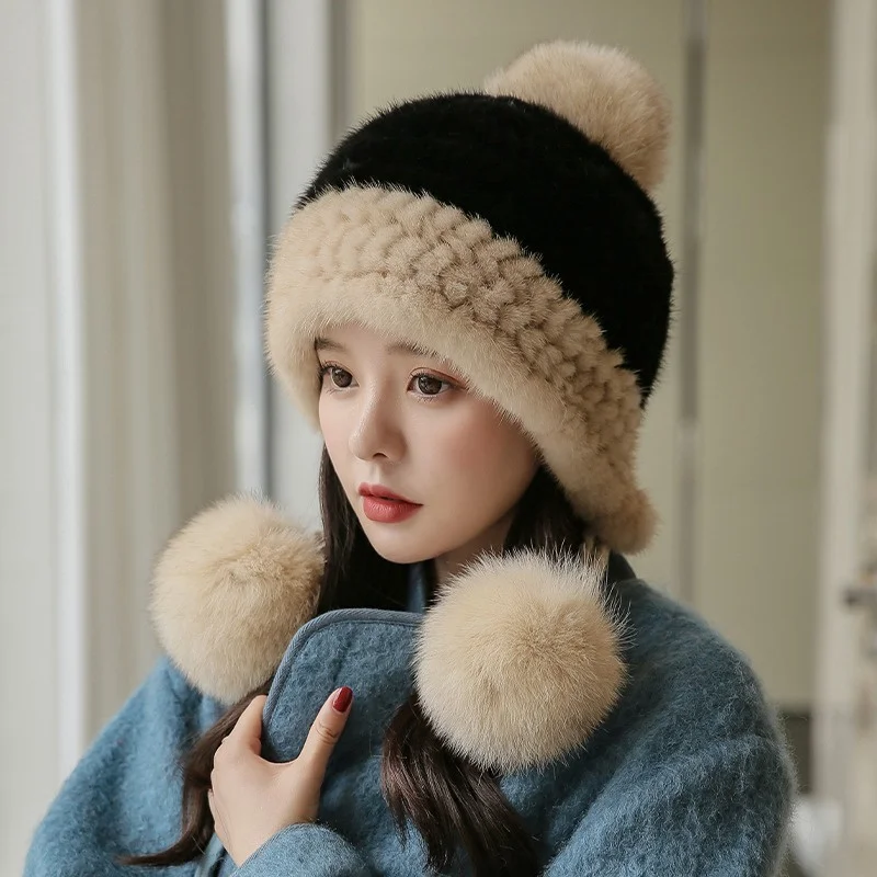 Fox Fur Ball Decoration Luxury Fur Hat Ladies High Quality Mink Fur Warm Fur Hat Winter Sweet Cute Big Stretch Fur Hat