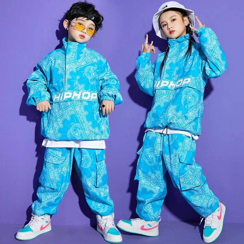 Junge Hip Hop Sweatshirt Jogger Kleidung Set Mädchen Hohe Kragen Paisley Top Cargo Hosen Kind Street Dance Kinder Streetwear Kostüm