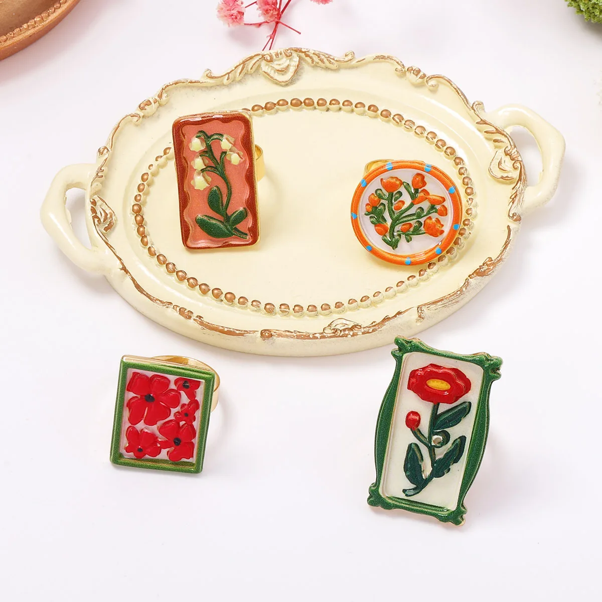 Vintage Trendy Geometric Stereo Enamel Flower Adjustable Open Band Ring Exquisite Colorful Elegant Lady Jewelry Daily Party Deco