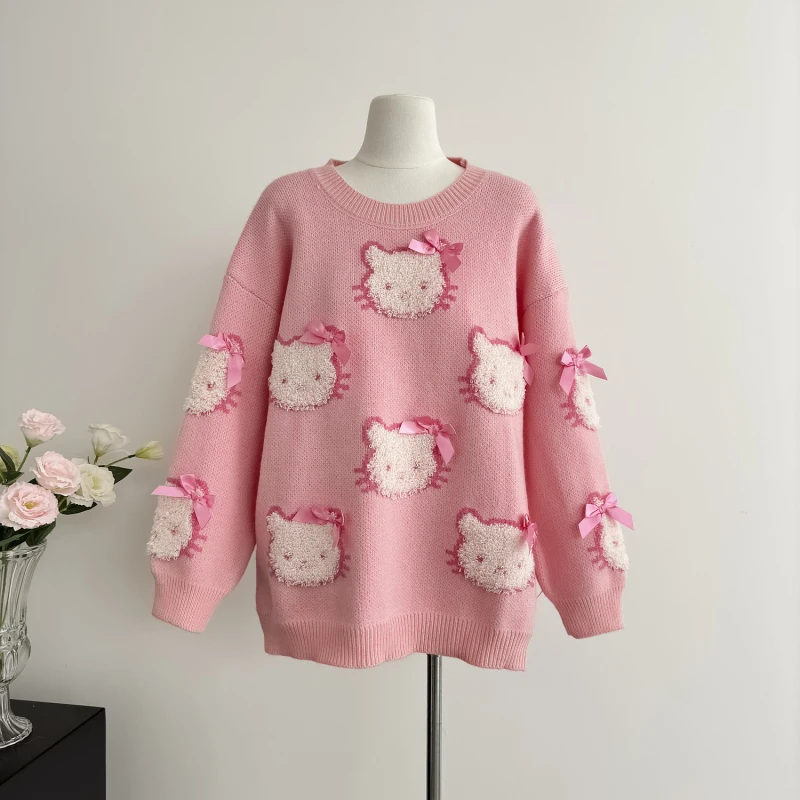 Winter Warm Kawaii Sweet Knitted Sets For Women Cartoon Pullover Knitting Loose Sweater Tops+knit Pants Sets Women Clothing 2024