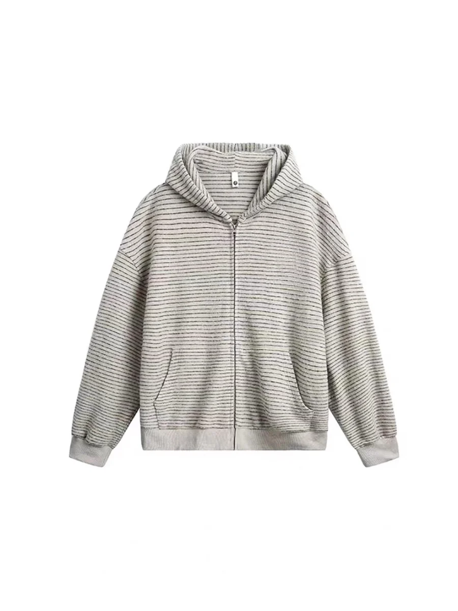 

Свитер с капюшоном в полоску в американском стиле ретро, осень-зима, новый свободный повседневный универсальный открытый кардиган на молнии, пальто для молодежи