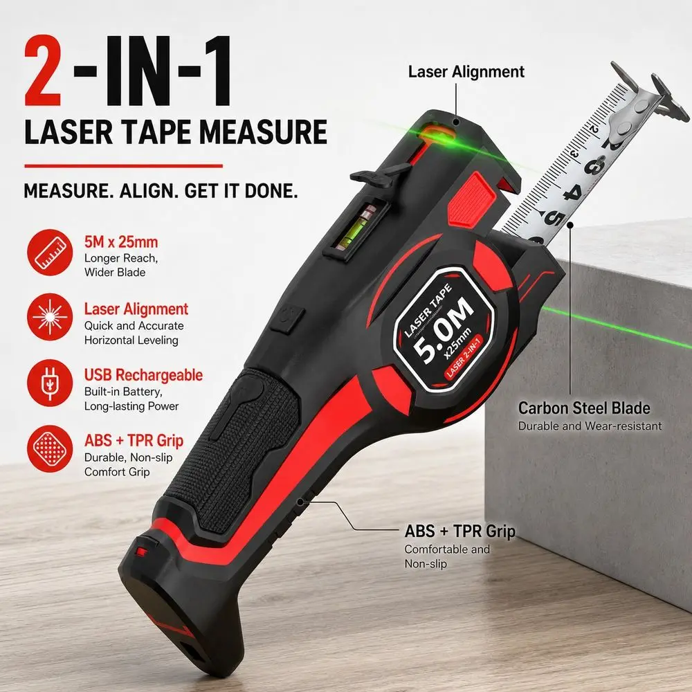 Carbon Steel Laser Tape Measure Laser Alignment USB Rechargeable Retractable Tape Measure Retractable Laser Measuring Tool
