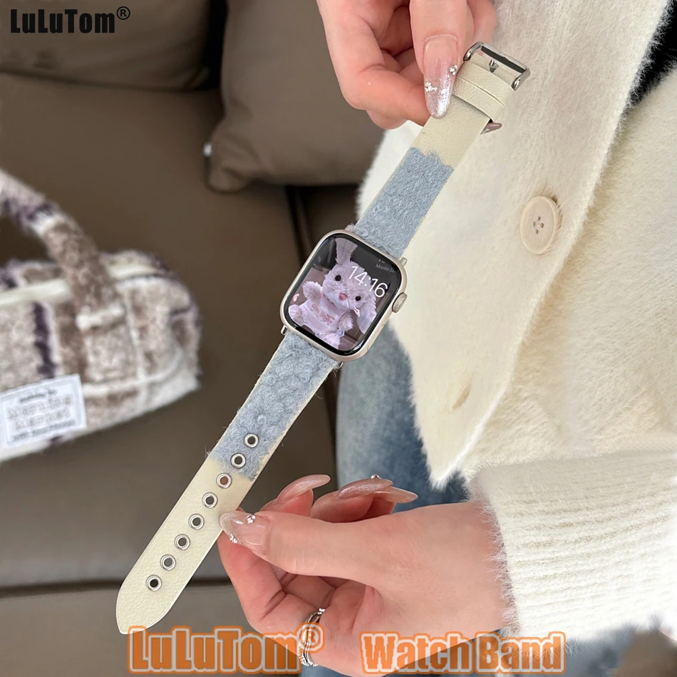 

Ремешок кожаный для Apple Watch Band Ultra женский, шерстяной браслет для Iwatch Series 8 7 6 SE 5 4 3, 49 мм 45 мм 44 мм 42 мм 38 мм 40 41 мм