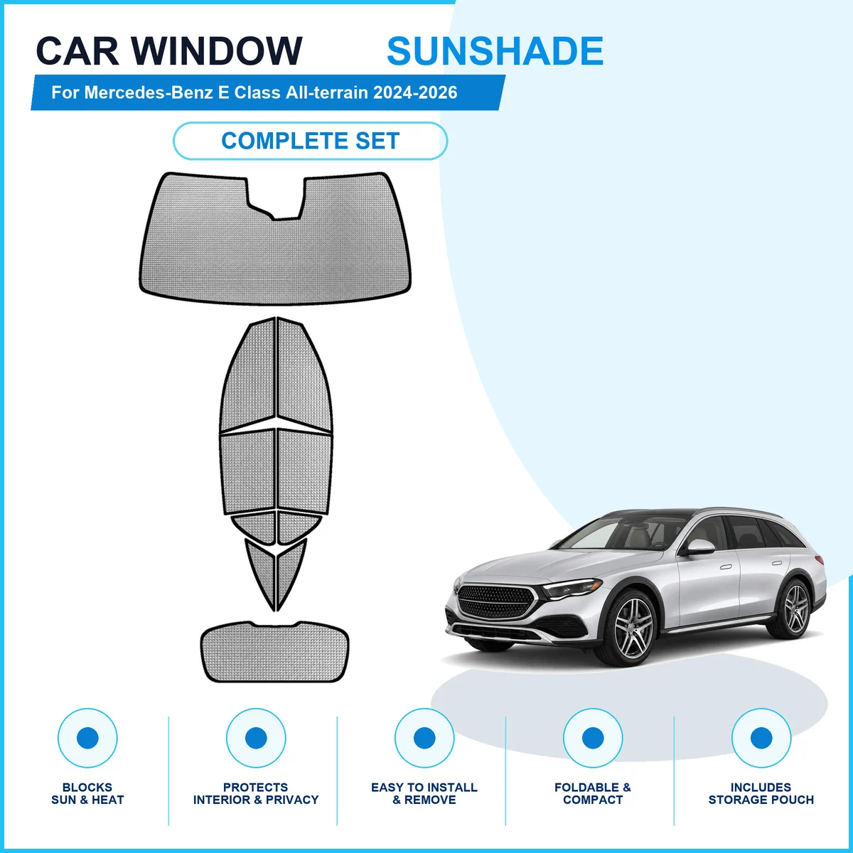 For Mercedes-Benz E Class All-terrain 2024-2026 Custom Full Set Window Sunshades Aluminum Foil Suction Cup Anti UV Privacy